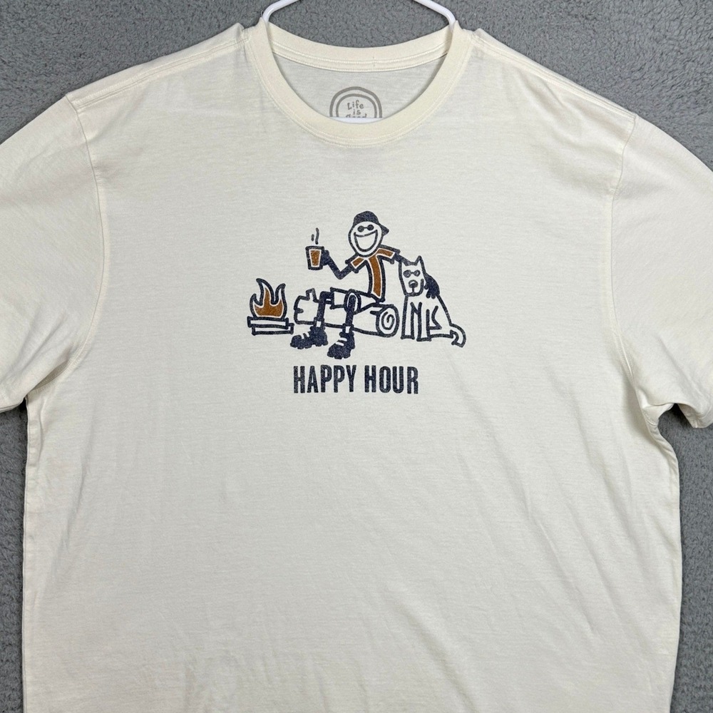 Life is Good T-Shirt Mens XL Cream Classic Fit Happy Hour Graphic Tee Casual EUC